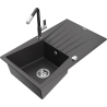 Mexen Cesar granite kitchen sink 1-bowl with drainer and Flora kitchen faucet, black speckled - 6514-76-670401-07