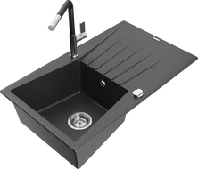 Mexen Cesar 1-bowl granite sink with drainer and Flora kitchen tap, black speckled - 6514-76-670401-07