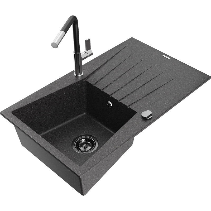 Mexen Cesar 1-bowl granite sink with drainer and Flora kitchen faucet, speckled black - 6514-76-670401-07-B