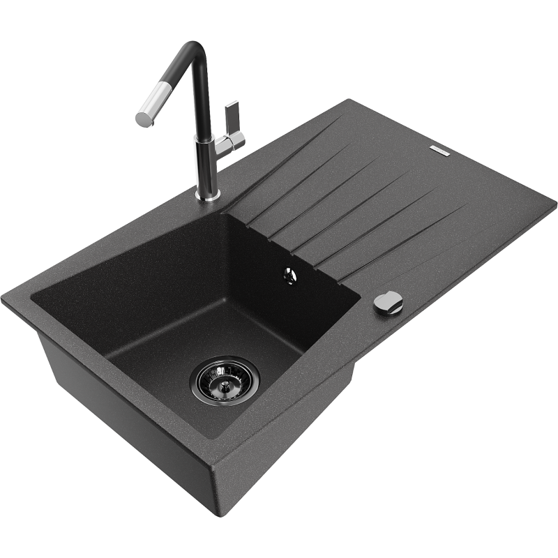 Mexen Cesar 1-compartment granite sink with a drip tray and kitchen mixer tap Flora, spotted black - 6514-76-670401-07-B