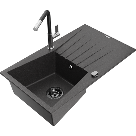 Mexen Cesar granite kitchen sink with 1 bowl, drainer, and Flora kitchen faucet, speckled black - 6514-76-670401-07-B