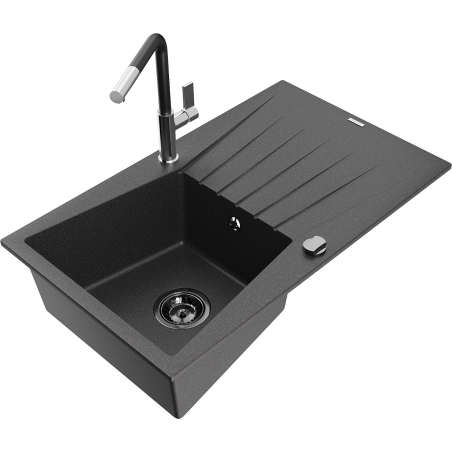 Mexen Cesar granite sink 1-bowl with drainer and Flora kitchen tap, black speckled - 6514-76-670401-07-B