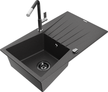 Mexen Cesar granite sink 1-bowl with drainer and Flora kitchen tap, black speckled - 6514-76-670401-07-B