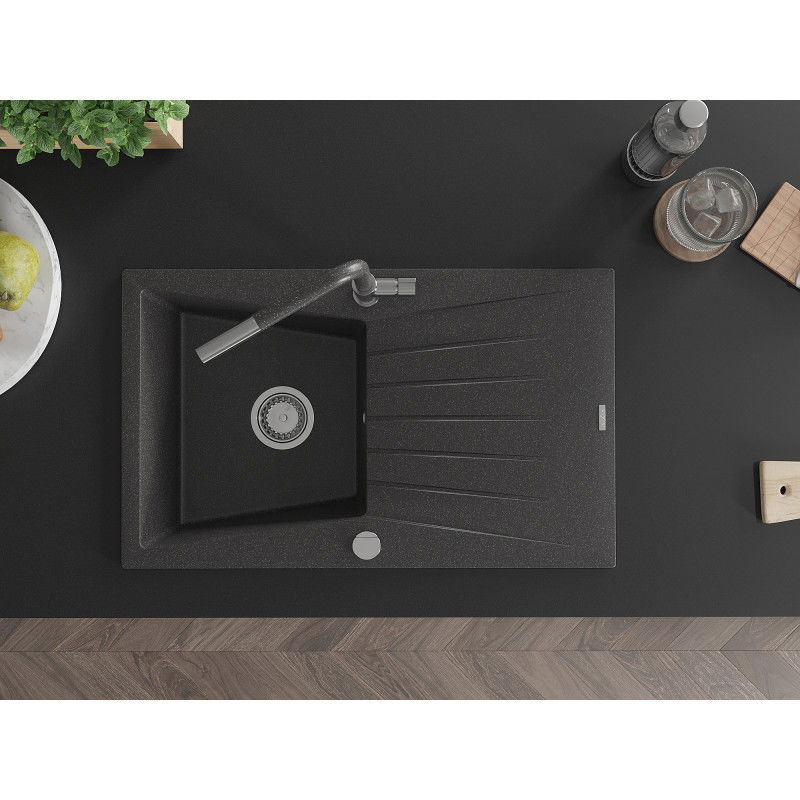 Mexen Cesar granite sink 1-bowl with drainer and Flora kitchen tap, black speckled - 6514-76-670401-08