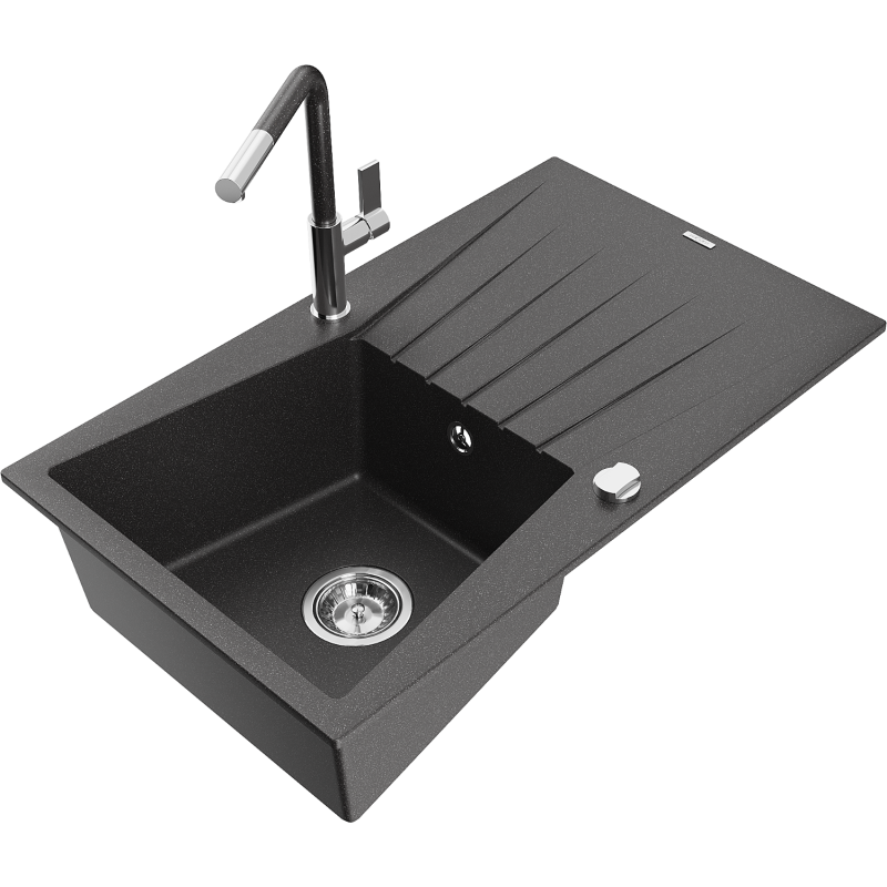 Mexen Cesar 1-compartment granite sink with a drip tray and kitchen mixer tap Flora, spotted black - 6514-76-670401-08