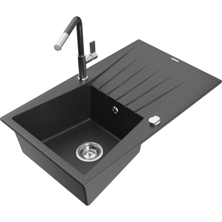 Mexen Cesar granite sink 1-bowl with drainer and kitchen faucet Flora, speckled black - 6514-76-670401-08