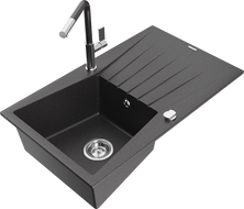 Mexen Cesar granite sink 1-bowl with drainer and Flora kitchen tap, black speckled - 6514-76-670401-08