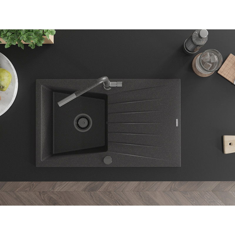 Mexen Cesar granite sink 1-bowl with drainer and Flora kitchen tap, black speckled - 6514-76-670401-08-B