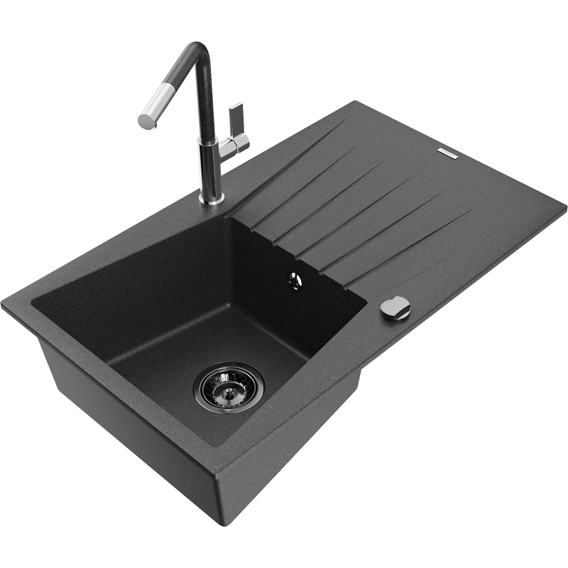 Mexen Cesar 1-compartment granite sink with a drip tray and kitchen mixer tap Flora, spotted black - 6514-76-670401-08-B