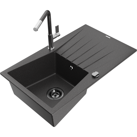 Mexen Cesar granite kitchen sink 1-bowl with drainer and Flora kitchen faucet, black speckled - 6514-76-670401-08-B