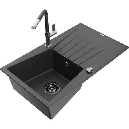 Mexen Cesar granite sink 1-bowl with drainer and Flora kitchen tap, black speckled - 6514-76-670401-08-B