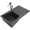 Mexen Cesar granite kitchen sink 1-bowl with drainer and Flora kitchen faucet, black speckled - 6514-76-670401-08-B