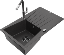 Mexen Cesar granite kitchen sink 1-bowl with drainer and Flora kitchen faucet, black speckled - 6514-76-670401-08-B