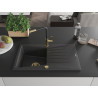 Mexen Cesar granite kitchen sink 1-bowl with drainer and Flora kitchen faucet, black speckled - 6514-76-670401-57-G
