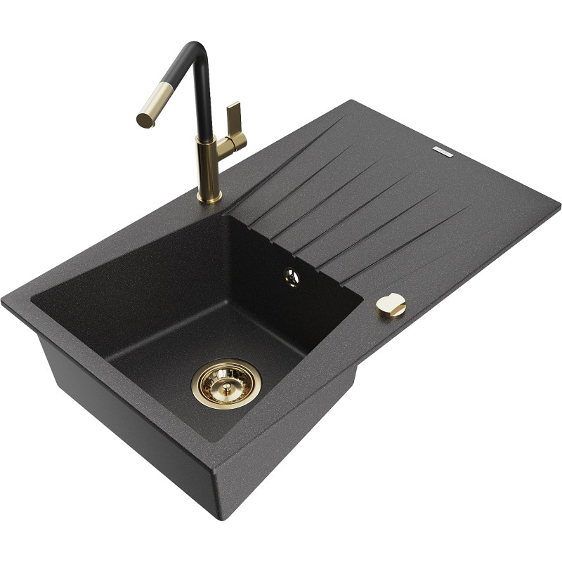 Mexen Cesar granite sink 1-bowl with drainer and Flora kitchen faucet, black speckled - 6514-76-670401-57-G