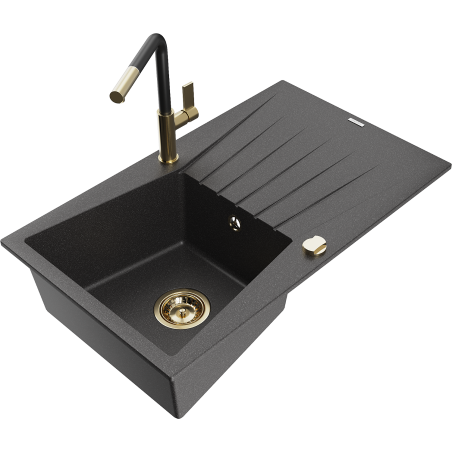 Mexen Cesar granite sink 1-bowl with drainer and Flora kitchen faucet, black speckled - 6514-76-670401-57-G