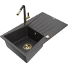 Mexen Cesar granite sink 1-bowl with drainer and Flora kitchen faucet, black speckled - 6514-76-670401-57-G
