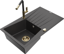 Mexen Cesar granite kitchen sink 1-bowl with drainer and Flora kitchen faucet, black speckled - 6514-76-670401-57-G