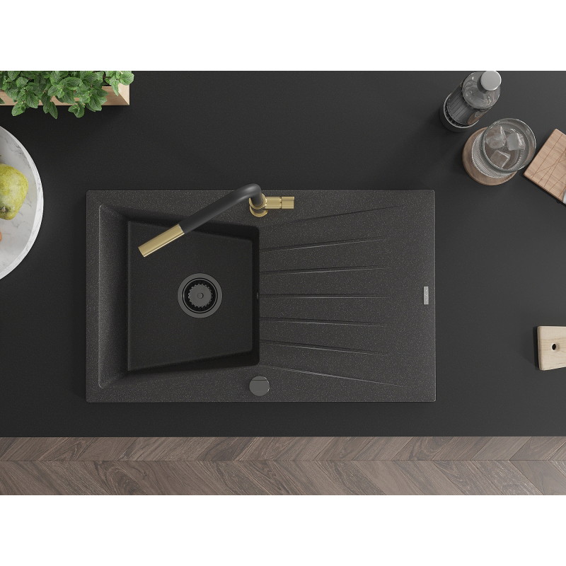 Mexen Cesar granite kitchen sink 1-bowl with drainer and Flora kitchen faucet, black speckled - 6514-76-670401-57-B
