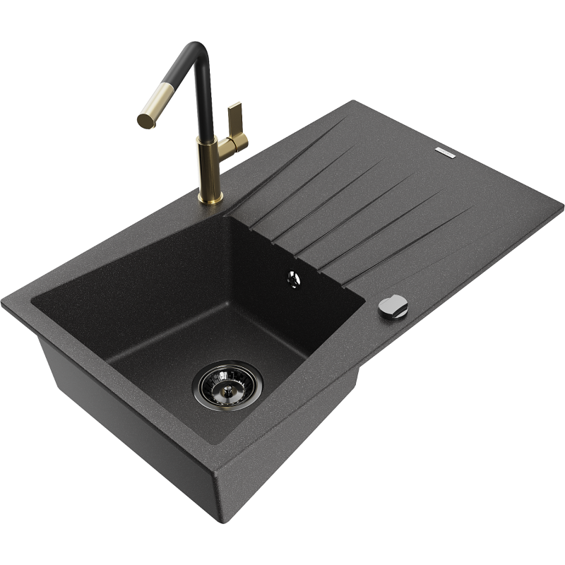 Mexen Cesar granite kitchen sink 1-bowl with drainer and Flora kitchen tap, black speckled - 6514-76-670401-57-B