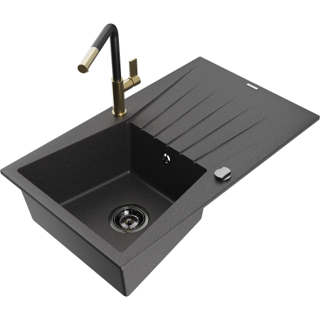 Mexen Cesar granite single-bowl kitchen sink with drainer and Flora faucet, speckled black - 6514-76-670401-57-B