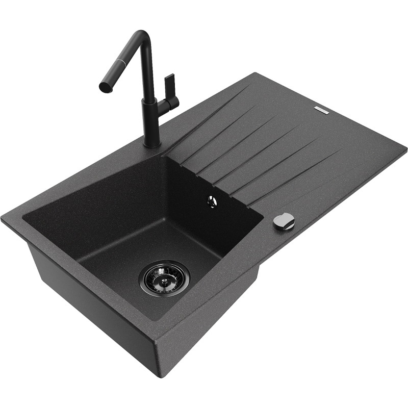 Mexen Cesar granite kitchen sink 1-bowl with drainer and Flora kitchen faucet, speckled black - 6514-76-670401-70-B