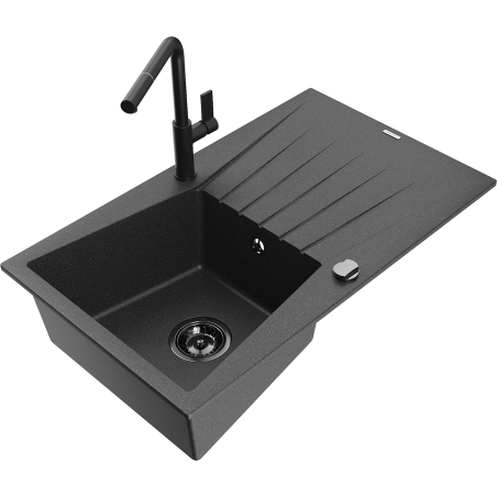 Mexen Cesar granite sink, 1-bowl with drainer and Flora kitchen tap, speckled black - 6514-76-670401-70-B