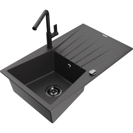 Mexen Cesar granite sink with one bowl, drainer, and Flora kitchen faucet, speckled black - 6514-76-670401-70-B