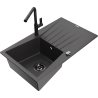 Mexen Cesar granite kitchen sink 1-bowl with drainer and Flora kitchen faucet, speckled black - 6514-76-670401-70-B