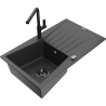 Mexen Cesar granite sink with one bowl, drainer, and Flora kitchen faucet, speckled black - 6514-76-670401-70-B