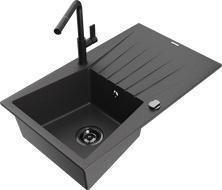 Mexen Cesar granite sink with one bowl, drainer, and Flora kitchen faucet, speckled black - 6514-76-670401-70-B