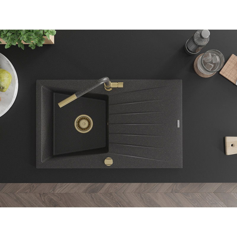 Mexen Cesar granite sink 1-bowl with drainer and Flora kitchen tap, black speckled - 6514-76-670401-75-G