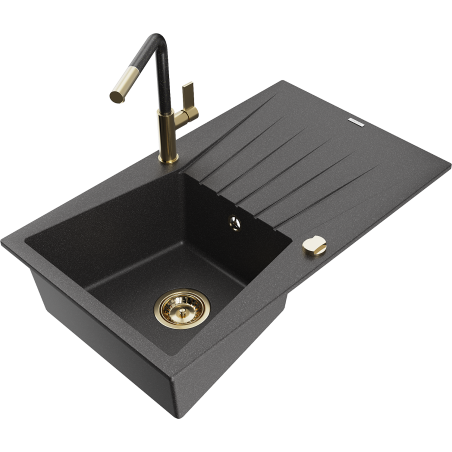 Mexen Cesar granite sink 1-bowl with drainer and Flora kitchen tap, black speckled - 6514-76-670401-75-G