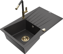 Mexen Cesar granite sink 1-bowl with drainer and Flora kitchen tap, black speckled - 6514-76-670401-75-G