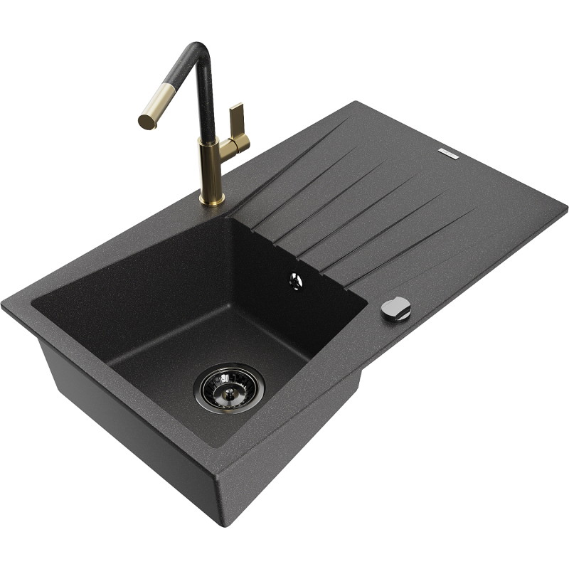 Mexen Cesar 1-bowl granite sink with drainer and Flora kitchen faucet, black speckled - 6514-76-670401-75-B
