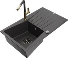 Mexen Cesar 1-bowl granite sink with drainer and Flora kitchen faucet, black speckled - 6514-76-670401-75-B