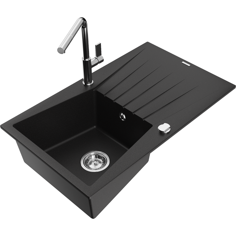 Mexen Cesar 1-compartment granite sink with a drip tray and kitchen mixer tap Flora, Black - 6514-77-670401-00