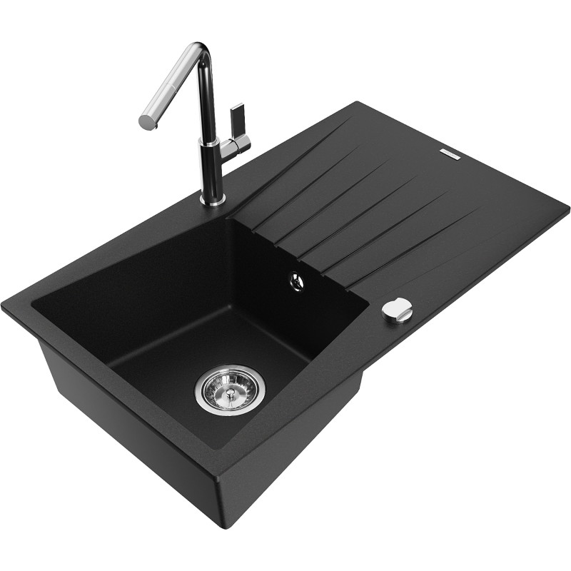 Mexen Cesar granite single-bowl kitchen sink with drainer and Flora kitchen faucet, black - 6514-77-670401-00