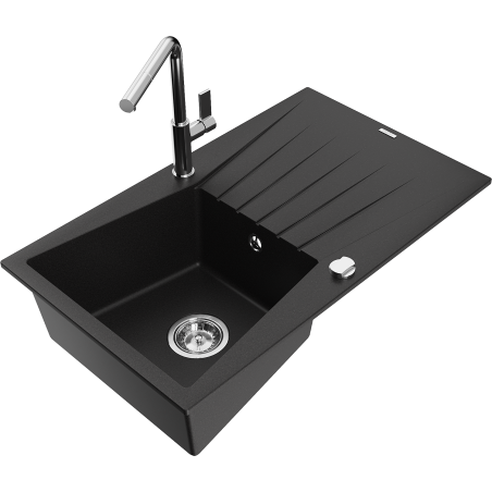 Mexen Cesar granite kitchen sink, 1-bowl with drainer and Flora kitchen faucet, black - 6514-77-670401-00