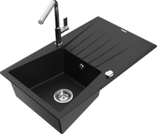 Mexen Cesar granite sink 1-bowl with drainer and Flora kitchen tap, black - 6514-77-670401-00