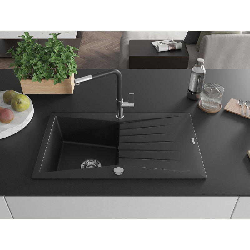 Mexen Cesar granite sink 1-bowl with drainer and Flora kitchen tap, black - 6514-77-670401-07