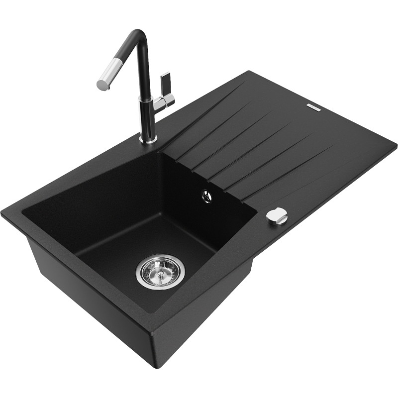 Mexen Cesar granite kitchen sink 1-bowl with drainer and Flora kitchen faucet, black - 6514-77-670401-07
