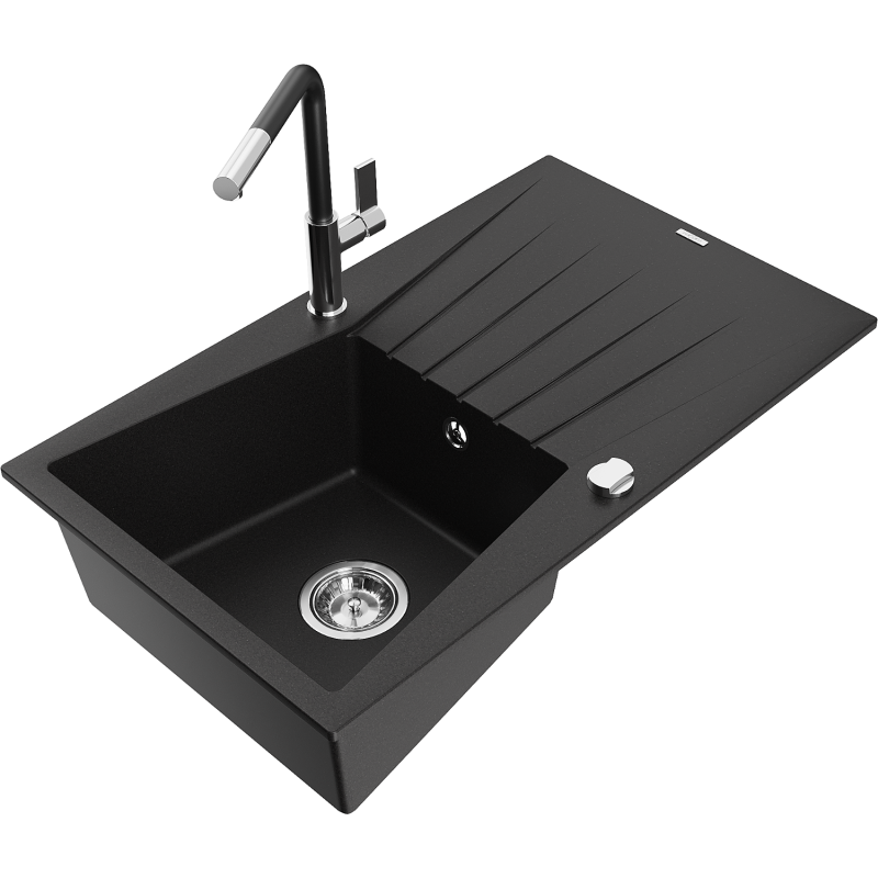 Mexen Cesar granite sink 1-bowl with drainer and Flora kitchen tap, black - 6514-77-670401-07