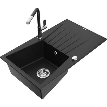 Mexen Cesar granite kitchen sink 1-bowl with drainer and Flora kitchen faucet, black - 6514-77-670401-07