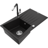 Mexen Cesar granite kitchen sink 1-bowl with drainer and Flora kitchen faucet, black - 6514-77-670401-07