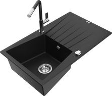 Mexen Cesar granite kitchen sink 1-bowl with drainer and Flora kitchen faucet, black - 6514-77-670401-07