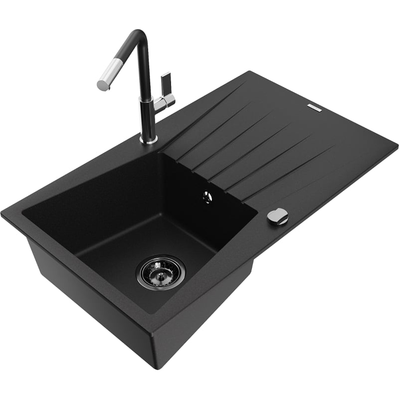 Mexen Cesar granite sink with 1 bowl, drainer, and Flora kitchen faucet, black - 6514-77-670401-07-B