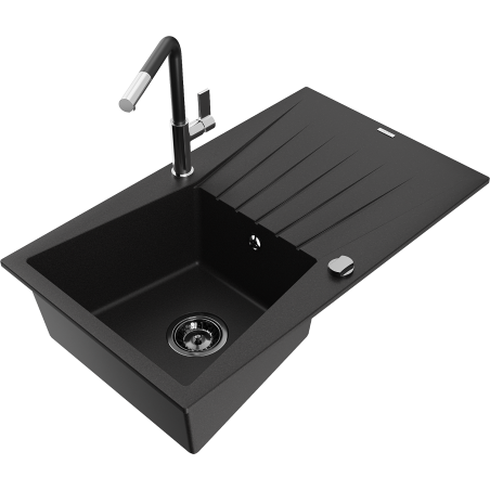 Mexen Cesar granite kitchen sink 1-bowl with drainer and Flora kitchen faucet, black - 6514-77-670401-07-B