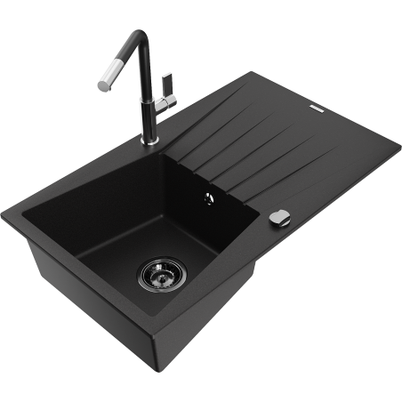 Mexen Cesar granite sink with 1 bowl, drainer, and Flora kitchen faucet, black - 6514-77-670401-07-B