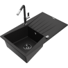 Mexen Cesar granite kitchen sink 1-bowl with drainer and Flora kitchen faucet, black - 6514-77-670401-07-B